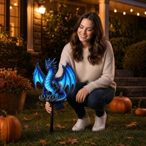 Dragon Legacy Solar Dragon Garden Statue, Dragons Solar Lights Outdoor Resin Lamp, Gothic Garden Decor Figure with LED Lantern for Halloween Decorations, Medieval Yard Ornaments (Blue)