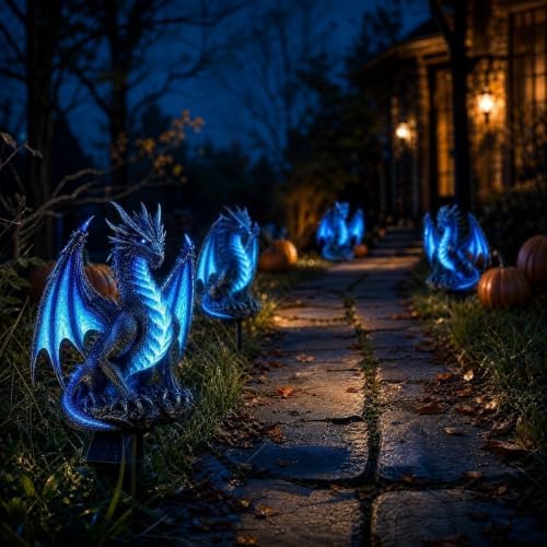 Dragon Legacy Solar Dragon Garden Statue, Dragons Solar Lights Outdoor Resin Lamp, Gothic Garden Decor Figure with LED Lantern for Halloween Decorations, Medieval Yard Ornaments (Blue)