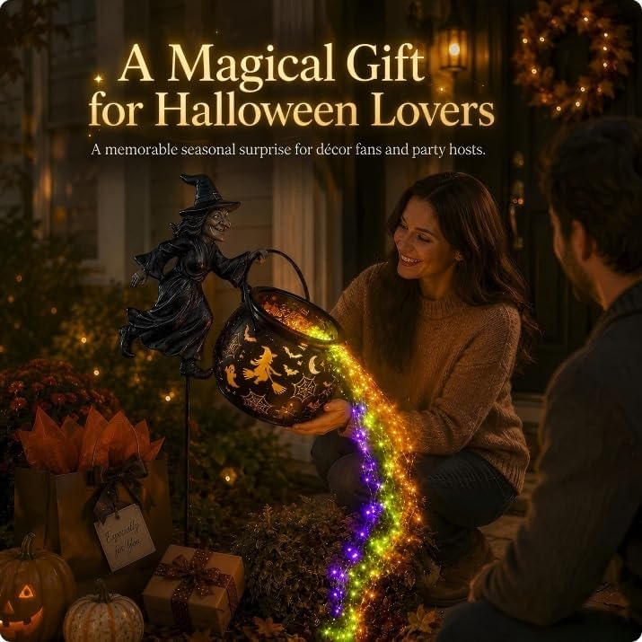 Halloween Witch Cauldron Garden Light, Waterfall LED Projection Stake Lights for Outdoor Yard Decor, Flying Witch Silhouette, Waterproof Watering Can Light Flow Decoration for Patio Pathway