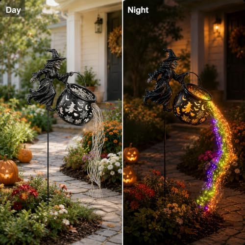 Halloween Witch Cauldron Garden Light, Waterfall LED Projection Stake Lights for Outdoor Yard Decor, Flying Witch Silhouette, Waterproof Watering Can Light Flow Decoration for Patio Pathway