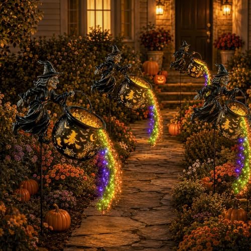Halloween Witch Cauldron Garden Light, Waterfall LED Projection Stake Lights for Outdoor Yard Decor, Flying Witch Silhouette, Waterproof Watering Can Light Flow Decoration for Patio Pathway