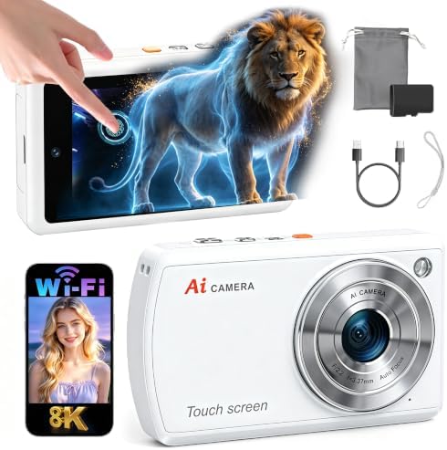 AI Digital Camera with WiFi,Autofocus Dual Lens AI Camera,16X Zoom (White)