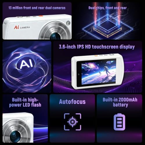 AI Digital Camera with WiFi,Autofocus Dual Lens AI Camera,16X Zoom (White)