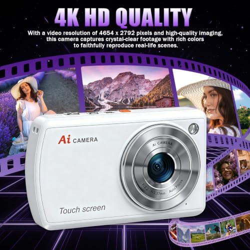 AI Digital Camera with WiFi,Autofocus Dual Lens AI Camera,16X Zoom (White)