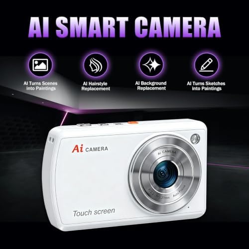 AI Digital Camera with WiFi,Autofocus Dual Lens AI Camera,16X Zoom (White)