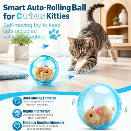2026 New Self-Rolling Interactive Cat Ball Realistic Animal Automatic Moving Rolling Cat Ball 360° Rolling Spin Moving Cat Ball Fun Indoor Interactive Pet Ball for Cats Dogs Chasing(Blue)
