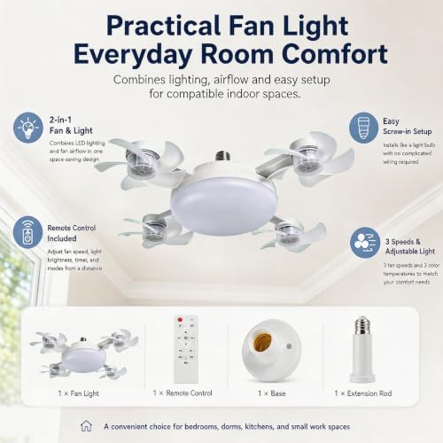 Socket Fan Light with Remote, Ceiling Fan with Lights E26/B22 Screw