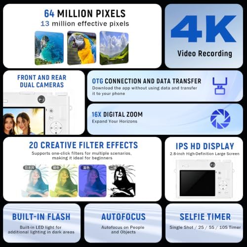 4K Digital Camera,Autofocus Point and Shoot Digital Cameras for Photography
