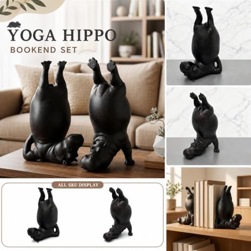 8.26'' Cute Hippo Bookends, Decorative Heavy Resin Animal Book Holders for Shelves, Whimsical Upside-Down Yoga Hippopotamus Book End for Office Desk, Home Library Bookshelf Decor (Black Back)