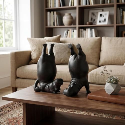 8.26'' Cute Hippo Bookends, Decorative Heavy Resin Animal Book Holders for Shelves, Whimsical Upside-Down Yoga Hippopotamus Book End for Office Desk, Home Library Bookshelf Decor (Black Back)