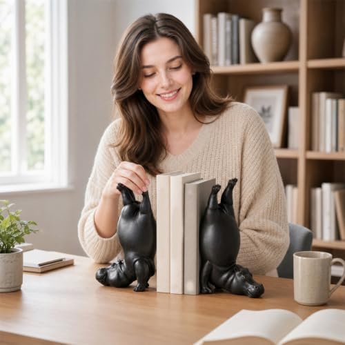 8.26'' Cute Hippo Bookends, Decorative Heavy Resin Animal Book Holders for Shelves, Whimsical Upside-Down Yoga Hippopotamus Book End for Office Desk, Home Library Bookshelf Decor (Black Back)