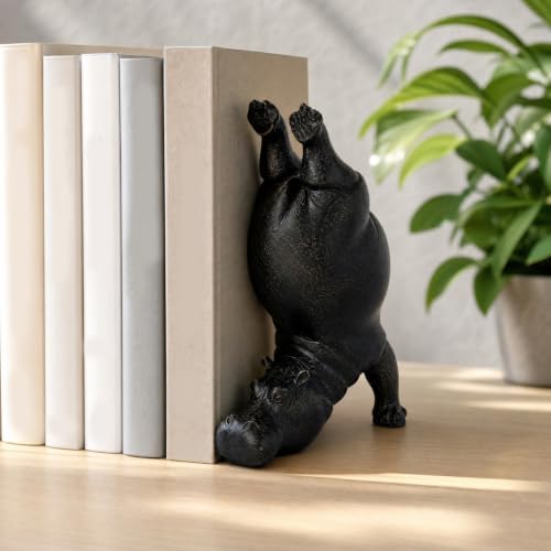 8.26'' Cute Hippo Bookends, Decorative Heavy Resin Animal Book Holders for Shelves, Whimsical Upside-Down Yoga Hippopotamus Book End for Office Desk, Home Library Bookshelf Decor (Black Back)