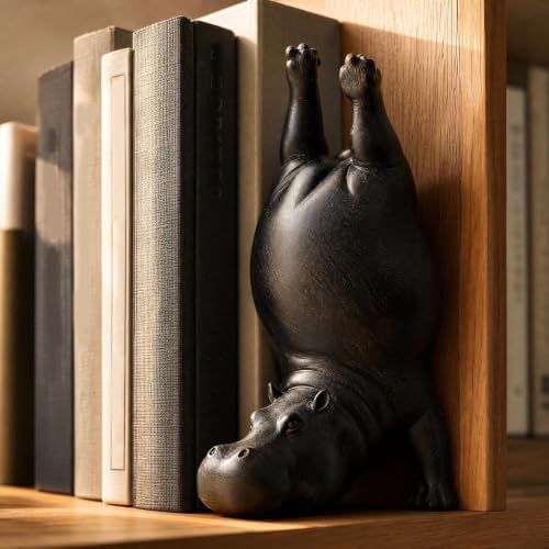 8.26'' Cute Hippo Bookends, Decorative Heavy Resin Animal Book Holders for Shelves, Whimsical Upside-Down Yoga Hippopotamus Book End for Office Desk, Home Library Bookshelf Decor (Black Back)