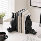 8.26'' Cute Hippo Bookends, Decorative Heavy Resin Animal Book Holders for Shelves, Whimsical Upside-Down Yoga Hippopotamus Book End for Office Desk, Home Library Bookshelf Decor (Black Back)