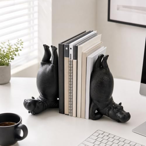 8.26'' Cute Hippo Bookends, Decorative Heavy Resin Animal Book Holders for Shelves, Whimsical Upside-Down Yoga Hippopotamus Book End for Office Desk, Home Library Bookshelf Decor (Black Back)