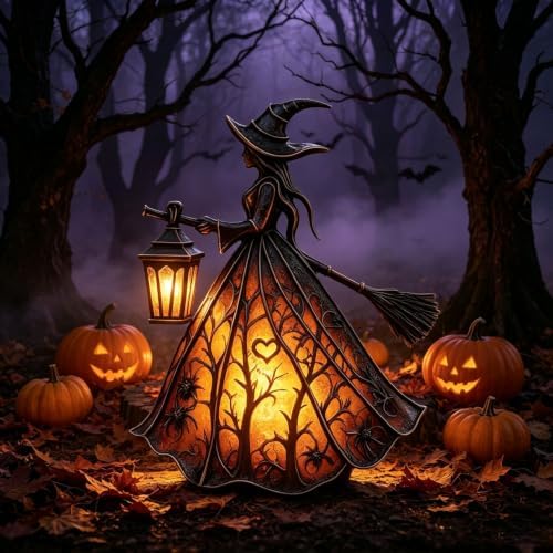 Halloween Witch Lamp,Stained Glass Witch Hat Lamp,Stained Glass Gothic Witch Hat Led Night Light,Suitable for Indoor Party & Spooky Outdoor Halloween Decoration 7.8''