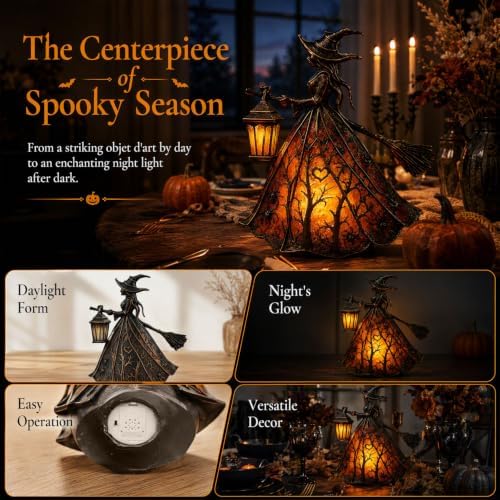 Halloween Witch Lamp,Stained Glass Witch Hat Lamp,Stained Glass Gothic Witch Hat Led Night Light,Suitable for Indoor Party & Spooky Outdoor Halloween Decoration 7.8''