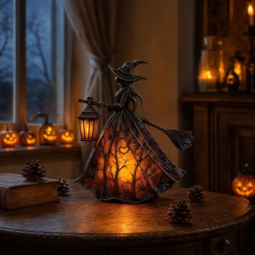 Halloween Witch Lamp,Stained Glass Witch Hat Lamp,Stained Glass Gothic Witch Hat Led Night Light,Suitable for Indoor Party & Spooky Outdoor Halloween Decoration 7.8''