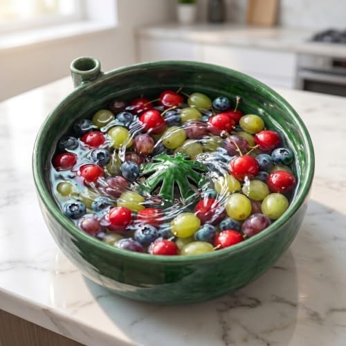 Ceramic Self Spinning Berry Washing Bowl with Drain Holes (5.91in)
