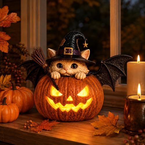 8'' Cute Bat Cat Pumpkin Lamp Figurine, Resin Halloween Ornament Witch Hat Lamp, Fall Decor for Mantel, Shelf, Desk, Tabletop, Farmhouse & Gothic Home Decor, Jack O Lantern Gift
