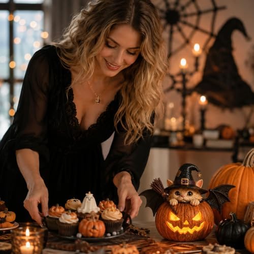 8'' Cute Bat Cat Pumpkin Lamp Figurine, Resin Halloween Ornament Witch Hat Lamp, Fall Decor for Mantel, Shelf, Desk, Tabletop, Farmhouse & Gothic Home Decor, Jack O Lantern Gift