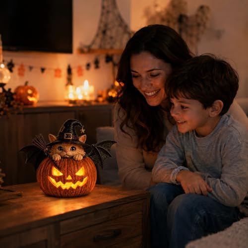 8'' Cute Bat Cat Pumpkin Lamp Figurine, Resin Halloween Ornament Witch Hat Lamp, Fall Decor for Mantel, Shelf, Desk, Tabletop, Farmhouse & Gothic Home Decor, Jack O Lantern Gift