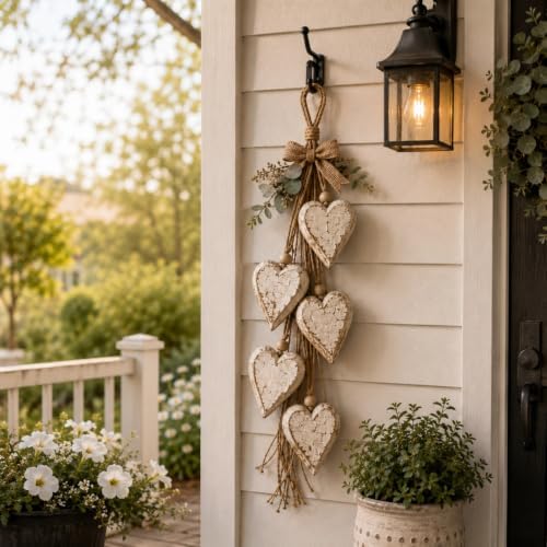 22.83'' Wooden Hanging Hearts Wall Decor, 5 Layer Hanging Heart Ornament with Jute Rope, Farmhouse Love Wall Art for Living Room Bedroom Entryway Wedding (Rustic Light)