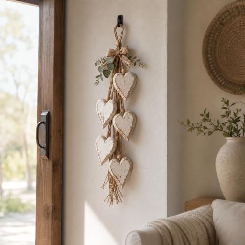 22.83'' Wooden Hanging Hearts Wall Decor, 5 Layer Hanging Heart Ornament with Jute Rope, Farmhouse Love Wall Art for Living Room Bedroom Entryway Wedding (Rustic Light)