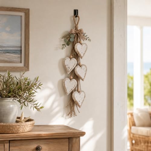 22.83'' Wooden Hanging Hearts Wall Decor, 5 Layer Hanging Heart Ornament with Jute Rope, Farmhouse Love Wall Art for Living Room Bedroom Entryway Wedding (Rustic Light)