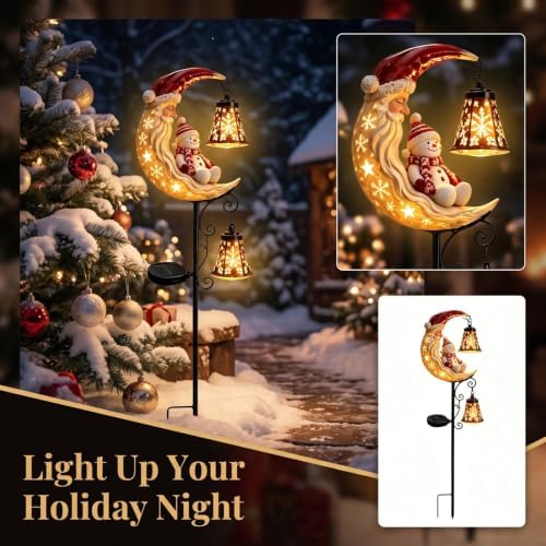 34'' Solar Christmas Lights Outdoor, Santa Snowman Garden Stake Light Waterproof Metal LED Yard Pathway Decor with Crescent Moon & Bell Lantern for Xmas Holiday Yard Patio Lawn (Snowman B)