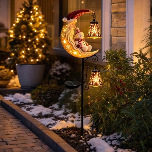 34'' Solar Christmas Lights Outdoor, Santa Snowman Garden Stake Light Waterproof Metal LED Yard Pathway Decor with Crescent Moon & Bell Lantern for Xmas Holiday Yard Patio Lawn (Snowman B)