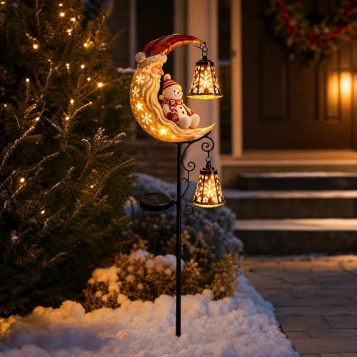 34'' Solar Christmas Lights Outdoor, Santa Snowman Garden Stake Light Waterproof Metal LED Yard Pathway Decor with Crescent Moon & Bell Lantern for Xmas Holiday Yard Patio Lawn (Snowman B)