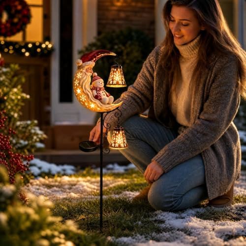 34'' Solar Christmas Lights Outdoor, Santa Snowman Garden Stake Light Waterproof Metal LED Yard Pathway Decor with Crescent Moon & Bell Lantern for Xmas Holiday Yard Patio Lawn (Snowman B)