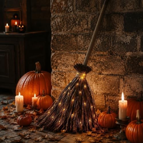 5.25FT Giant Light Up Witches Broom, Waterproof Outdoor Witch Decor & Halloween Broomstick with Warm LED Lights, Burlap Iron Pole Witch Broom Decor for Front Porch Yard