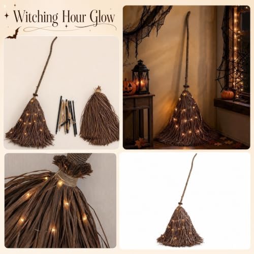 5.25FT Giant Light Up Witches Broom, Waterproof Outdoor Witch Decor & Halloween Broomstick with Warm LED Lights, Burlap Iron Pole Witch Broom Decor for Front Porch Yard