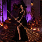 5.25FT Giant Light Up Witches Broom, Waterproof Outdoor Witch Decor & Halloween Broomstick with Warm LED Lights, Burlap Iron Pole Witch Broom Decor for Front Porch Yard