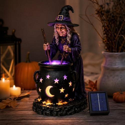 Halloween Witch Cauldron Garden Light, 6" Solar Powered Resin Witch Figurine with LED Glow, Waterproof Solar Garden Statues & Witch Decor Ornaments for Outdoor Yard & Porch