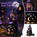 Halloween Witch Cauldron Garden Light, 6" Solar Powered Resin Witch Figurine with LED Glow, Waterproof Solar Garden Statues & Witch Decor Ornaments for Outdoor Yard & Porch