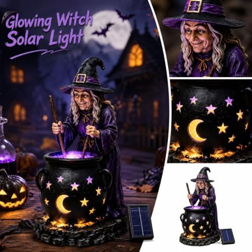 Halloween Witch Cauldron Garden Light, 6" Solar Powered Resin Witch Figurine with LED Glow, Waterproof Solar Garden Statues & Witch Decor Ornaments for Outdoor Yard & Porch