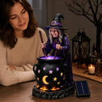 Halloween Witch Cauldron Garden Light, 6" Solar Powered Resin Witch Figurine with LED Glow, Waterproof Solar Garden Statues & Witch Decor Ornaments for Outdoor Yard & Porch