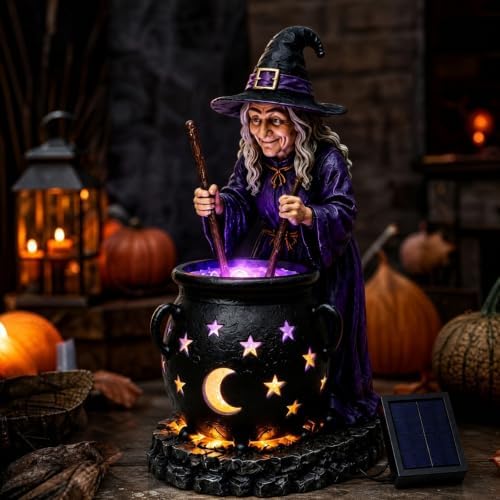 Halloween Witch Cauldron Garden Light, 6" Solar Powered Resin Witch Figurine with LED Glow, Waterproof Solar Garden Statues & Witch Decor Ornaments for Outdoor Yard & Porch