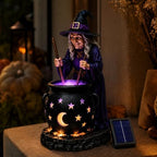 Halloween Witch Cauldron Garden Light, 6" Solar Powered Resin Witch Figurine with LED Glow, Waterproof Solar Garden Statues & Witch Decor Ornaments for Outdoor Yard & Porch