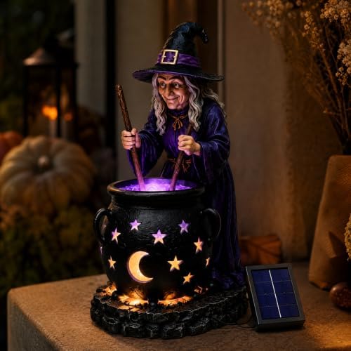Halloween Witch Cauldron Garden Light, 6" Solar Powered Resin Witch Figurine with LED Glow, Waterproof Solar Garden Statues & Witch Decor Ornaments for Outdoor Yard & Porch