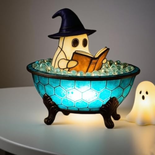 Halloween Ghost Figurine, Cute Reading Ghost Statue (7'' Bubble Bath Lamp)