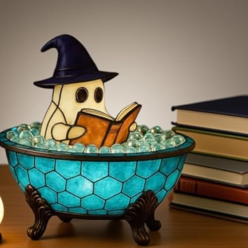 Halloween Ghost Figurine, Cute Reading Ghost Statue (7'' Bubble Bath Lamp)