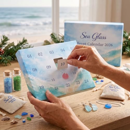 2026 Sea Glass Gnome Christmas Advent Calendar, 24 PCs 2D Flat Acrylic Gnome Christmas Tree Ornaments, Coastal Ocean Themed 24 Day Holiday Countdown Calendar, Beach Decor Gifts (Ocean Magic)
