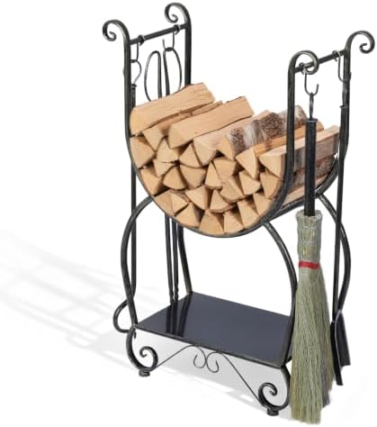 Fireplace Wood Holder with 4 Tools Set Heavy Duty Metal Log Rack