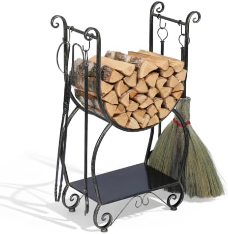 Fireplace Wood Holder with 4 Tools Set Heavy Duty Metal Log Rack