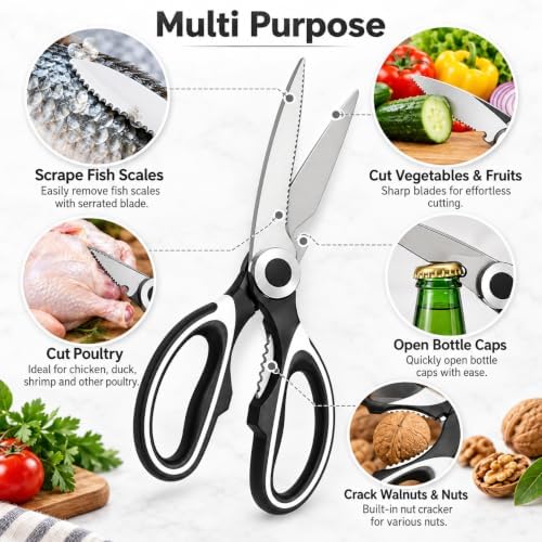 Heavy Duty Kitchen Scissors, Stainless Steel Multipurpose Kitchen Shears with Can Opener and Fish Scaler, Sharp Poultry Shears and Food Scissors for Meat, Chicken, Fish, Seafood, Vegetables and Herbs