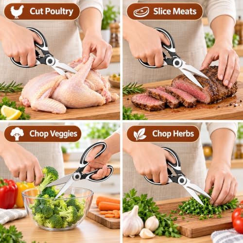 Heavy Duty Kitchen Scissors, Stainless Steel Multipurpose Kitchen Shears with Can Opener and Fish Scaler, Sharp Poultry Shears and Food Scissors for Meat, Chicken, Fish, Seafood, Vegetables and Herbs